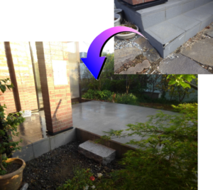 玄関アプローチと化粧ブロック階段ステップのお庭リフォーム工事